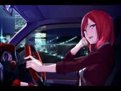 Rule 34 | 10s, 1girl, breasts, car, car interior, cityscape, driving, ginopi, hand on own cheek, hand on own face, letterboxed, looking at viewer, love live!, love live! school idol festival, love live! school idol project, medium breasts, motor vehicle, nishikino maki, open mouth, purple eyes, red hair, right-hand drive, short hair, solo, steering wheel, swept bangs, vehicle