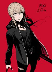 Rule 34 | 1girl, artoria pendragon (all), artoria pendragon (fate), black hoodie, black shirt, blonde hair, braid, cross, cross necklace, excalibur morgan (fate), fate/grand order, fate (series), french braid, highres, hood, hoodie, jewelry, looking at viewer, necklace, official alternate costume, peperon (peperou), red background, saber alter, saber alter (ver. shinjuku 1999) (fate), shirt, short hair, solo, torn clothes, yellow eyes