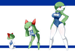 Rule 34 | 3girls, absurdres, bare arms, bare legs, bare shoulders, blue background, breasts, closed mouth, covered navel, creatures (company), full body, game freak, gardevoir, gen 3 pokemon, green hair, hair over eyes, highres, kirlia, large breasts, leaning forward, legs, looking at viewer, lucyfer, multiple girls, narrow waist, nintendo, no humans, one-piece swimsuit, open mouth, pokemon, pokemon (creature), ralts, red eyes, school swimsuit, short hair, skin tight, small breasts, smile, standing, swimsuit, two-tone background, white background
