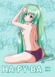 Rule 34 | 00s, 1girl, 2012, ass, back, backboob, bare back, blush, breasts, dated, green eyes, green hair, happy birthday, hatsune miku, kaze makase, long hair, looking at viewer, looking back, matching hair/eyes, panties, purple panties, sitting, small breasts, smile, solo, topless, twintails, underwear, vocaloid