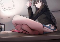 Rule 34 | 1girl, barefoot, black hair, chips (food), feet, food, highres, long hair, looking at viewer, potato chips, soles, television, toes