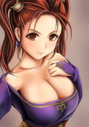 Rule 34 | 1girl, blush, breasts, brown eyes, brown hair, cleavage, collarbone, dragon quest, ear ornament, earrings, female focus, jessica albert, jewelry, large breasts, long hair, long sleeves, looking at viewer, nannacy7, off shoulder, profile, purple shirt, shirt, smile, solo, twintails, upper body