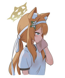 Rule 34 | 1girl, animal ear fluff, animal ears, blue archive, blue eyes, blush, cat ears, closed mouth, flower, from side, hair flower, hair ornament, halo, heeya, highres, long hair, mari (blue archive), mari (track) (blue archive), official alternate costume, orange hair, profile, shirt, short sleeves, simple background, solo, sweat, upper body, white background, white flower, white shirt, yellow halo