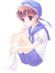 Rule 34 | 1boy, @co, bad id, bad pixiv id, brown eyes, brown hair, child, cross, cross earrings, cross necklace, earrings, fate/zero, fate (series), hat, hat ribbon, jewelry, kotomine kirei, male focus, necklace, ribbon, sailor, sailor collar, shorts, sitting, solo, wariza, aged down