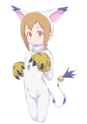 Rule 34 | 1girl, absurdres, animal ears, arado balanga (xchd7538), bad id, bad pixiv id, blush, brown hair, claws, cosplay, digimon, digimon adventure, fake animal ears, gloves, highres, hood, hood up, jewelry, light brown hair, red eyes, ring, short hair, simple background, smile, solo, tail, tail ornament, tail ring, tailmon, tailmon (cosplay), whistle, whistle around neck, white background, yagami hikari