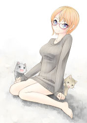 Rule 34 | 1girl, bad id, bad pixiv id, bare legs, barefoot, blue eyes, bottomless, cat, feet, glasses, looking at viewer, naked sweater, nekobaka, no pants, open mouth, orange hair, original, red-framed eyewear, short hair, simple background, sitting, smile, solo, sweater, toes, wariza