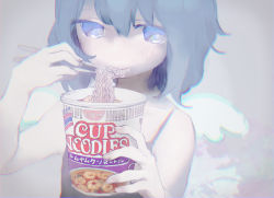 Rule 34 | 1girl, angel wings, anry (rmrnmrm), arm up, bare arms, bare shoulders, blue eyes, blue hair, camisole, chopsticks, chromatic aberration, closed mouth, collarbone, eating, eyes visible through hair, food, food in mouth, grey background, hair between eyes, hand up, holding, holding chopsticks, holding food, looking at viewer, looking to the side, muted color, nissin, nissin cup noodle, noodles, original, product placement, ramen, short hair, solo, spaghetti strap, upper body, wings