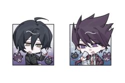 2boys ahoge black_hair black_jacket buttons cat chibi coat coat_partially_removed collared_coat collared_jacket cropped_torso cup danganronpa_(series) danganronpa_v3:_killing_harmony double-breasted eyelashes flame_print fox green_eyes grey_jacket hair_between_eyes happy high_collar holding holding_cup jacket lapel_pin lapels layered_sleeves long_sleeves male_focus momota_kaito multiple_boys notched_lapels open_clothes open_jacket open_mouth pale_skin pinstripe_jacket pinstripe_pattern purple_coat purple_eyes purple_hair saihara_shuichi shirt short_hair smile sparkle spiked_hair talking white_background white_shirt zhidai_mao