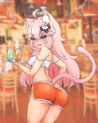 Rule 34 | 1girl, ahoge, alcohol, animal ear fluff, animal ears, artist name, ass, back, bare shoulders, bebatch, breasts, cat ears, cat girl, cat tail, clothes writing, commentary, crop top, english commentary, eyes visible through hair, hair ornament, highres, hooters, indoors, long hair, looking at viewer, looking back, multiple views, nyatasha nyanners, off shoulder, open mouth, orange shorts, pink hair, purple eyes, shirt, short shorts, shorts, sideboob, small breasts, tail, turnaround, virtual youtuber, vshojo, white shirt