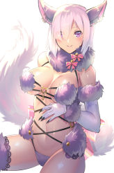 Rule 34 | 1girl, animal costume, animal ears, bare shoulders, blush, bow, breasts, claws, cleavage, elbow gloves, eyes visible through hair, fate/grand order, fate (series), fur-trimmed gloves, fur-trimmed legwear, fur trim, gloves, hair over one eye, halloween costume, hand on own stomach, lace, large breasts, light purple hair, lips, looking at viewer, mash kyrielight, mash kyrielight (dangerous beast), medium breasts, official alternate costume, purple eyes, purple gloves, purple hair, purple thighhighs, revision, shiny skin, sidelocks, simple background, smile, solo, tail, thighhighs, white background, wolf costume, wolf ears, wolf tail, yoshimoto (dear life)