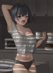 Rule 34 | 1girl, arm behind head, arm up, black hair, black panties, blush, breasts, cleavage, coffee, coffee maker, coffee mug, coffee pot, collarbone, crop top, cup, hair intakes, highres, holding, holding cup, hololive, hololive english, indoors, kitchen, large breasts, looking at viewer, messy hair, microwave, midriff, modagitbi, mug, navel, no bra, no pants, open mouth, ouro kronii, panties, shade, shirt, short hair, short sleeves, single bare shoulder, sleepy, solo, strap slip, t-shirt, tears, teeth, underwear, virtual youtuber, waking up, white shirt, yawning