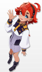 Rule 34 | 1girl, absurdres, ahoge, asticassia school uniform, black footwear, black hairband, blue eyes, boots, full body, gundam, gundam suisei no majo, hairband, hand up, highres, jacket, looking at viewer, plain 222, red hair, school uniform, shadow, short hair, shorts, simple background, solo, suletta mercury, thick eyebrows, white background, white jacket, white shorts
