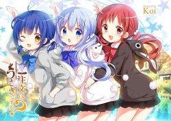 Rule 34 | 1girl, :d, ;d, animal hood, artist name, black skirt, blue eyes, blue hair, bow, rabbit hood, rabbit tail, chestnut mouth, commentary request, copyright name, fake tail, gochuumon wa usagi desu ka?, hair bobbles, hair ornament, hand in pocket, hand up, hood, hood down, koi (koisan), long hair, looking at viewer, one eye closed, open mouth, red eyes, red hair, short hair, short twintails, skirt, smile, solo, star (symbol), starry background, tail, twintails, x hair ornament, yellow eyes