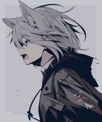 Rule 34 | 1girl, absurdres, animal ears, blue eyes, cat ears, collared shirt, earclip, facing to the side, fang, fox ears, fox girl, from side, grey background, grey hair, highres, jacket, nagishiro mito, open mouth, original, shirt, short hair, solo, tagme, wavy hair