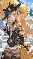 Rule 34 | 1girl, absurdres, bare shoulders, bird, black bow, black headwear, blonde hair, blue eyes, blurry, blurry background, bow, closed mouth, cowboy shot, detached sleeves, dress, drill hair, elmo (st elmomomo), frilled umbrella, frills, genshin impact, hat ornament, highres, holding, holding umbrella, looking at viewer, navia (genshin impact), outdoors, pigeon, short dress, smile, solo, thighlet, umbrella, yellow bow