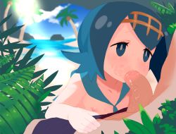 Rule 34 | 1boy, 1girl, bad id, bad twitter id, beach, blue eyes, blue hair, blue sailor collar, blurry, creatures (company), day, depth of field, fellatio, flat chest, game freak, hairband, hetero, highres, inactive account, kereno, lana (pokemon), leaf, nintendo, nipples, oral, out of frame, outdoors, palm tree, penis, penis bending, pokemon, pokemon sm, sailor collar, short hair, solo focus, sweat, tree, trial captain, uncensored, x-ray