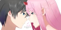 Rule 34 | 10s, 1boy, 1girl, another-m, artist name, black hair, blue eyes, commentary, commentary request, couple, darling in the franxx, dated, english commentary, green eyes, hetero, highres, hiro (darling in the franxx), horns, long hair, oni horns, petals, pink hair, red horns, short hair, zero two (darling in the franxx)