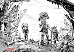 Rule 34 | 1boy, 3girls, commentary, crossover, english commentary, gapangman, greyscale, hat feather, helmet, highres, kaban (kemono friends), kemono friends, made in abyss, monochrome, multiple girls, pantyhose, pith helmet, regu (made in abyss), riko (made in abyss), serval (kemono friends), signature, tagme, thighhighs