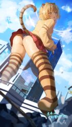Rule 34 | 1boy, absurdres, animal ear fluff, animal ears, ass, blonde hair, blurry, blurry foreground, brown hair, building, cardigan, cloud, commission, fang, fumi hk (vtuber), giant, highres, indie virtual youtuber, kkix25, miniskirt, multicolored hair, panties, red skirt, rubble, short hair, skeb commission, skirt, sky, skyscraper, sleeves past wrists, sparkle, streaked hair, striped clothes, striped thighhighs, tail, thighhighs, tiger boy, tiger ears, tiger tail, tongue, tongue out, two-tone thighhighs, underwear, virtual youtuber, white panties, yellow cardigan, yellow eyes, yellow thighhighs