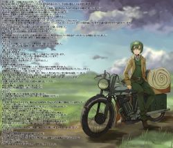 Rule 34 | 00s, 1girl, androgynous, black hair, cloud, coat, day, grass, green eyes, green hair, hermes (kino no tabi), kino (kino no tabi), kino no tabi, koppen, motor vehicle, motorcycle, reverse trap, scenery, short hair, sky, translation request, vehicle, wall of text