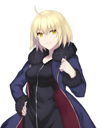 Rule 34 | 1girl, absurdres, ahoge, black dress, blonde hair, blue coat, breasts, coat, collarbone, dress, fate/grand order, fate (series), fur-trimmed sleeves, fur trim, grin, hair between eyes, hand on own hip, highres, jeanne d&#039;arc (fate), jeanne d&#039;arc alter (fate), jeanne d&#039;arc alter (ver. shinjuku 1999) (fate), long sleeves, looking at viewer, medium breasts, official alternate costume, open clothes, open coat, short hair, simple background, smile, solo, standing, unscpro, white background, yellow eyes