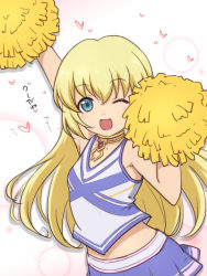 Rule 34 | 1girl, ;d, blonde hair, blue eyes, breasts, cheerleader, colette brunel, heart, holding, jewelry, kiikii (kitsukedokoro), long hair, looking at viewer, miniskirt, neck ring, official alternate costume, one eye closed, open mouth, pleated skirt, pom pom (cheerleading), skirt, small breasts, smile, solo, tales of (series), tales of symphonia