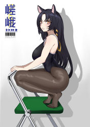 Rule 34 | 1girl, absurdres, animal ears, arknights, artist name, barcode, bare arms, bare shoulders, black hair, black one-piece swimsuit, breasts, brown pantyhose, chair, competition swimsuit, dog ears, folding chair, from side, full body, highres, large breasts, long hair, looking at viewer, looking to the side, omono, on chair, one-piece swimsuit, orange eyes, pantyhose, pantyhose under swimsuit, parted bangs, parted lips, saga (arknights), simple background, solo, squatting, swimsuit, thighs, very long hair, white background