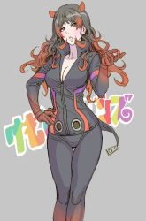 Rule 34 | 10s, 1girl, animal ears, black hair, bodysuit, breasts, brown eyes, cleavage, curly hair, grey background, hand on own hip, highres, hippopotamus (kemono friends), hippopotamus ears, kemono friends, long hair, multicolored hair, parted lips, popped collar, red hair, simple background, solo, thigh gap, yamashita shun&#039;ya, zipper