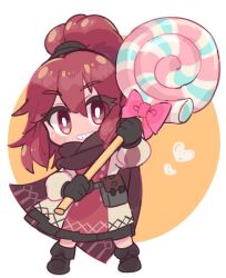 Rule 34 | 1girl, anna (fire emblem), anna (fire emblem engage), blush, candy, chibi, dress, fire emblem, fire emblem engage, food, full body, grin, holding, holding candy, holding food, holding lollipop, lollipop, long hair, nintendo, ponytail, red eyes, red hair, scarf, smile, solo, tamatamariso85