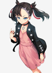 Rule 34 | 1girl, aqua eyes, asymmetrical bangs, asymmetrical hair, black hair, black jacket, black nails, blue eyes, blush, breasts, choker, collarbone, commentary request, creatures (company), dress, earrings, game freak, hair ribbon, hank10111213, holding, holding poke ball, jacket, jewelry, long sleeves, looking at viewer, marnie (pokemon), nail polish, nintendo, open clothes, pink dress, poke ball, poke ball (basic), pokemon, pokemon swsh, red ribbon, ribbon, simple background, solo, twintails, white background