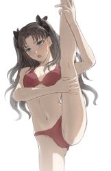 Rule 34 | 1girl, bikini, blue eyes, breasts, brown hair, fate/hollow ataraxia, fate/stay night, fate (series), highres, kneepits, long hair, long legs, medium breasts, mondi hl, red bikini, solo, split, standing, standing on one leg, standing split, swimsuit, thighhighs, thighs, tohsaka rin, twintails, two side up