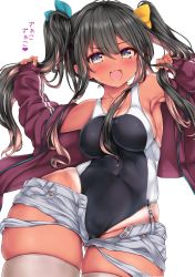 Rule 34 | 1girl, antenna hair, armpits, bad id, bad twitter id, bare shoulders, black hair, black one-piece swimsuit, breasts, covered navel, dark-skinned female, dark skin, fang, garter straps, hair between eyes, hair ribbon, highleg, highleg swimsuit, highres, holding, holding own hair, jacket, kantai collection, large breasts, long hair, multicolored hair, naganami (kancolle), nijimoto hirok, one-piece swimsuit, pink hair, ribbon, short shorts, shorts, sideboob, simple background, skindentation, solo, swimsuit, swimsuit under clothes, tan, tanline, thighhighs, thighs, torn clothes, torn shorts, track jacket, twintails, two-tone hair, white background, white thighhighs