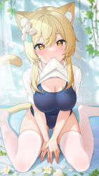 Rule 34 | 1girl, alternate costume, animal ears, blonde hair, blouse, blue one-piece swimsuit, blush, breasts, cat ears, cat tail, cleavage, closed mouth, clothes in mouth, clothes lift, covered navel, flower, fukuro daizi, genshin impact, hair between eyes, hair flower, hair ornament, highres, large breasts, lifting own clothes, looking at viewer, lumine (genshin impact), mouth hold, no shoes, one-piece swimsuit, petals, shirt, shirt in mouth, shirt lift, short hair with long locks, sitting, solo, swimsuit, tail, thighhighs, wariza, white flower, white shirt, white thighhighs, yellow eyes