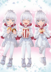 Rule 34 | 3girls, aged down, blue eyes, closed eyes, doughnut, dress, food, gradient background, moai (moai world), multiple girls, multiple persona, open mouth, pantyhose, pink background, ponytail, popcorn, rwby, rwby ice queendom, sitting, smile, soda, star (symbol), tiara, weiss schnee, white background, white dress, white footwear, white hair, white pantyhose