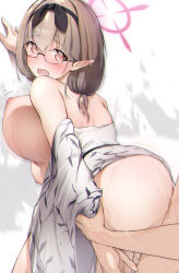 Rule 34 | 1boy, 1girl, arm grab, ass, bare shoulders, black bow, blue archive, blush, bow, breasts, brown eyes, chinatsu (blue archive), cum, cum in pussy, dermar, elf, glasses, halo, heart, heart-shaped pupils, hetero, highres, japanese clothes, kimono, large breasts, leaning forward, light brown hair, looking at viewer, medium hair, nipples, off shoulder, onsen, open mouth, pointy ears, sex, sex from behind, solo focus, standing, standing sex, symbol-shaped pupils, wet, wide sleeves, yukata