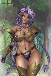 Rule 34 | 1girl, amazon warrior, armor, blue panties, braid, breasts, character request, cleavage, contrapposto, curvy, dark-skinned female, dark skin, earrings, elbow gloves, elf, fingerless gloves, forest, garter belt, gloves, highleg, highleg panties, hip focus, jewelry, jungle, large breasts, leather armor, long hair, marckpf, midriff, nature, necklace, panties, plant, pointy ears, purple hair, purple panties, solo, source request, standing, sword, thigh gap, thighhighs, thighs, tree, twin braids, underboob, underwear, very long hair, vines, weapon, wide hips, yellow eyes
