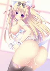 Rule 34 | 1girl, :o, animal ears, ass, babydoll, bell, black thighhighs, blonde hair, bottomless, breasts, cat ears, cat girl, cat tail, collar, cum, female focus, gradient background, hair ribbon, large breasts, long hair, looking at viewer, looking back, neck bell, niki (aroma terrace), nipples, no panties, off shoulder, original, purple eyes, ribbon, see-through, shibainu niki, sideboob, solo, tail, thighhighs, twintails, white babydoll, wrist cuffs