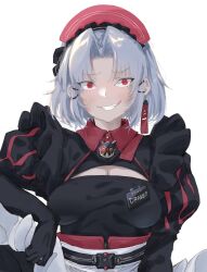 Rule 34 | 1girl, alternate costume, black dress, blush, breasts, character name, closed mouth, drake (maid for villain) (nikke), drake (nikke), dress, earrings, enmaided, frilled dress, frills, goddess of victory: nikke, grin, highres, hii (motorholic), jewelry, juliet sleeves, long sleeves, looking at viewer, maid, maid headdress, medium breasts, official alternate costume, puffy sleeves, red eyes, short hair, simple background, smile, solo, white background, white hair