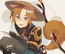 Rule 34 | 1boy, animal ears, armor, arrow (projectile), artist name, blue eyes, blush, bow (weapon), brown hair, commentary, dog boy, dog ears, dog tail, english commentary, fangs, genshin impact, gorou (genshin impact), hair between eyes, hair ornament, hat, highres, holding, holding arrow, holding bow (weapon), holding weapon, holding with tail, japanese armor, japanese clothes, looking at viewer, male focus, multicolored hair, prehensile tail, simple background, solo, sparkle, streaked hair, sweat, tail, tassel, two-tone background, weapon, white hair, yuelight