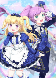 Rule 34 | 2girls, :d, ahoge, aiguillette, apron, blonde hair, blue dress, blue jacket, blue pants, bow, center frills, collared shirt, cowboy shot, dress, frilled apron, frilled dress, frills, gloves, green eyes, hair bow, hand on own cheek, hand on own face, hat, idol clothes, idol time pripara, jacket, juliet sleeves, long hair, long sleeves, looking at viewer, manaka laala, mini hat, multiple girls, open mouth, pants, pretty series, pripara, puffy sleeves, purple eyes, purple hair, ringlets, shirt, smile, standing, standing on one leg, twintails, two side up, unya (unya-unya), v, v over eye, very long hair, white apron, white gloves, white shirt, yumekawa yui