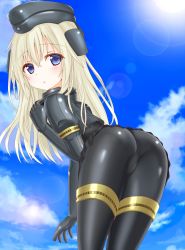 Rule 34 | 10s, 1girl, ass, bent over, black dress, blonde hair, blue eyes, blue sky, blush, bodysuit, cloud, cropped jacket, day, dress, from behind, garrison cap, hat, highres, kantai collection, langley1000, leaning, leaning forward, lens flare, long hair, long sleeves, looking back, md5 mismatch, military, military uniform, pantyhose, pantylines, parted lips, puffy long sleeves, puffy sleeves, purple eyes, shiny clothes, sky, solo, thigh strap, u-511 (kancolle), uniform