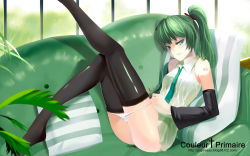 Rule 34 | 1girl, alternate hair length, alternate hairstyle, aqua eyes, ass, black thighhighs, couch, detached sleeves, green hair, hatsune miku, highres, kouichi t, necktie, panties, pussy juice, short hair, solo, thighhighs, twintails, underwear, vocaloid, wallpaper