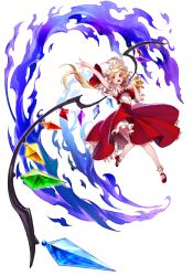 Rule 34 | 1girl, blonde hair, blue fire, bobby socks, crystal, fire, flandre scarlet, full body, hat, highres, long hair, mary janes, mob cap, open mouth, outstretched arm, red footwear, red skirt, shoes, side ponytail, simple background, skirt, skirt set, socks, solo, tears, touhou, transparent background, white hat, white socks, wings, yuri (anachronic)