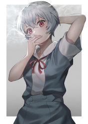 Rule 34 | 1girl, absurdres, arm behind head, arm up, ayanami rei, blue skirt, blush, border, cigarette, commentary request, ebinomi, gradient background, grey background, highres, huge filesize, looking at viewer, neon genesis evangelion, outside border, red eyes, red ribbon, ribbon, school uniform, short hair, short sleeves, silver hair, skirt, smoke, smoking, solo, sparkling eyes, tokyo-3 middle school uniform, white border