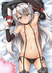 Rule 34 | 10s, 1girl, :o, amatsukaze (kancolle), armpits, arms up, ass, black gloves, black panties, blush, breasts, brown eyes, choker, collarbone, gloves, gluteal fold, hair between eyes, hair tubes, highres, kantai collection, lifebuoy, long hair, long sleeves, looking at viewer, lying, navel, nipples, on back, panties, pillow, red thighhighs, roura, side-tie panties, silver hair, single glove, small breasts, solo, suspenders, swim ring, thighhighs, thighs, topless, two side up, underwear, underwear only, white gloves