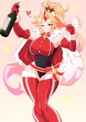 Rule 34 | 1girl, bell, black leotard, blonde hair, bottle, bow, bowtie, breasts, capelet, christmas, commentary request, elbow gloves, english text, feet out of frame, fugaku (miko no miyatsuguchi), fur-trimmed capelet, fur-trimmed gloves, fur-trimmed thighhighs, fur trim, gloves, gradient hair, hair ornament, heart, highleg, highleg leotard, highres, holding, holding bottle, holding sack, holly hair ornament, horns, hoshiguma yuugi, large breasts, leotard, long hair, looking at viewer, merry christmas, multicolored hair, muscular, muscular female, neck bell, one eye closed, oni, oni horns, over shoulder, pointy ears, ponytail, red capelet, red gloves, red horns, sack, sash, simple background, single horn, smile, solo, sparkle, star (symbol), thighhighs, touhou, two-tone thighhighs, very long hair, wide hips