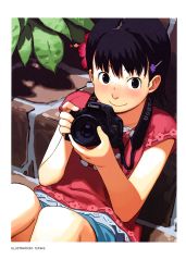 Rule 34 | 1girl, absurdres, black eyes, black hair, camera, flower, from above, hair flower, hair ornament, hairclip, highres, leaning back, looking at viewer, non-web source, original, plant, shirt, short hair, shorts, sitting, smile, solo, takamichi