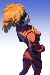 Rule 34 | 1girl, absurdres, alternate hairstyle, artist request, ass, blindfold, bodysuit, breasts, brown hair, evangelion: 3.0+1.0 thrice upon a time, highres, interface headset, looking back, medium breasts, medium hair, neon genesis evangelion, pilot suit, plugsuit, rebuild of evangelion, red bodysuit, shiny clothes, simple background, solo, souryuu asuka langley