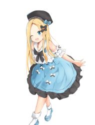 Rule 34 | 1girl, ;d, abigail williams (animejapan 2018) (fate), abigail williams (fate), absurdres, bare shoulders, beret, black bow, black hat, blonde hair, blue bow, blue dress, blue eyes, blue footwear, blush, bow, collarbone, commentary request, dress, fate/grand order, fate (series), forehead, hair bow, hat, hat bow, highres, leaning forward, long hair, looking at viewer, official alternate costume, one eye closed, open mouth, parted bangs, shoes, simple background, smile, socks, solo, standing, very long hair, white background, white bow, white socks, yukaa