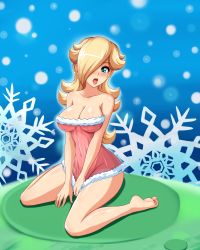 Rule 34 | 1girl, absurdres, blonde hair, blue eyes, breasts, cleavage, feet, hair over one eye, highres, large breasts, mario (series), navel, nintendo, open mouth, pussy, rosalina, sigurd hosenfeld, sitting, smile, super mario bros. 1, super mario galaxy, uncensored